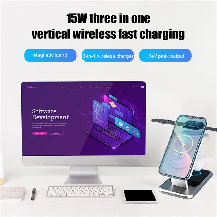 Y10 3-in-1 15W Magnetic Wireless Charger, for iPhone 12  /  13  /  14 Series  /  iWatch  /  AirPods Alloy+PC Desktop Charging Stand - Black