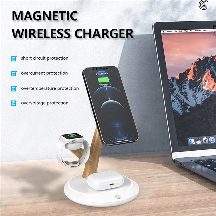 TH02 Tree Branch Design 3-in-1 15W Magnetic Wireless Charger, for iWatch  /  AirPods  /  Cellphone PC+ABS Desktop Charging Stand - White / Wood Color