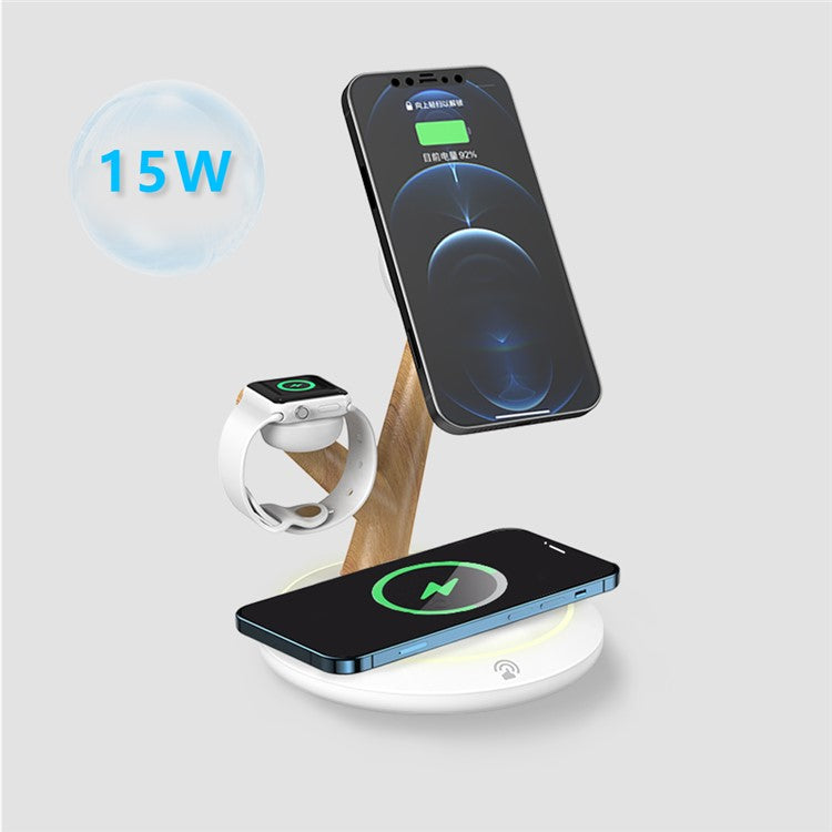 TH02 Tree Branch Design 3-in-1 15W Magnetic Wireless Charger, for iWatch  /  AirPods  /  Cellphone PC+ABS Desktop Charging Stand - White / Wood Color