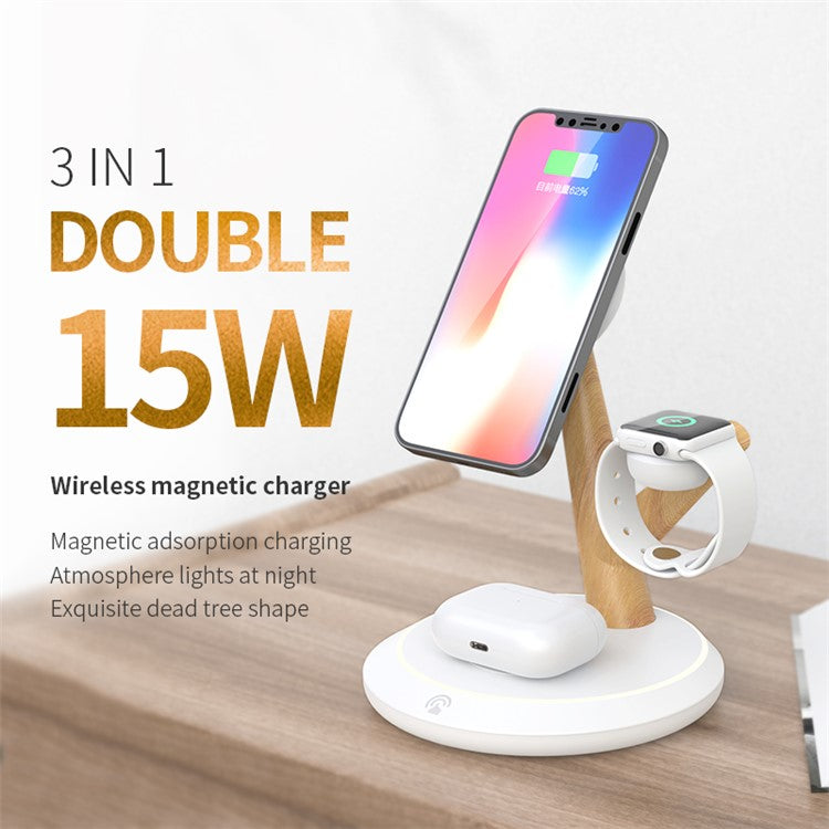 TH02 Tree Branch Design 3-in-1 15W Magnetic Wireless Charger, for iWatch  /  AirPods  /  Cellphone PC+ABS Desktop Charging Stand - White / Wood Color