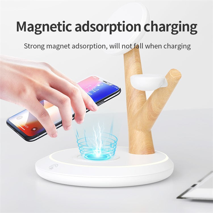 TH02 Tree Branch Design 3-in-1 15W Magnetic Wireless Charger, for iWatch  /  AirPods  /  Cellphone PC+ABS Desktop Charging Stand - White / Wood Color