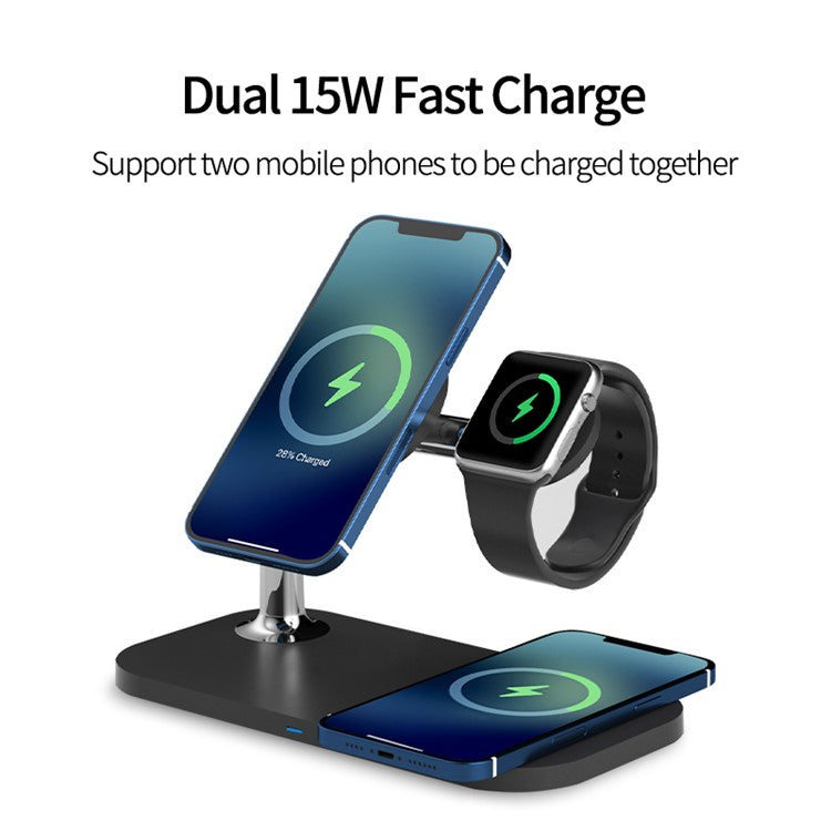 OJD-85 3-in-1 15W Wireless Charger Magnetic Fast Charging Station for iPhone 14 / 13 / 12 / iWatch / AirPods - Black