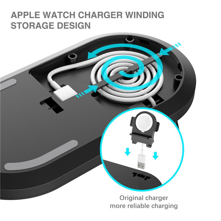 A04 3-in-1 Wireless Charger for iPhone / iWatch / AirPods Portable Fast Charging Station with Detachable Watch Stand - Black