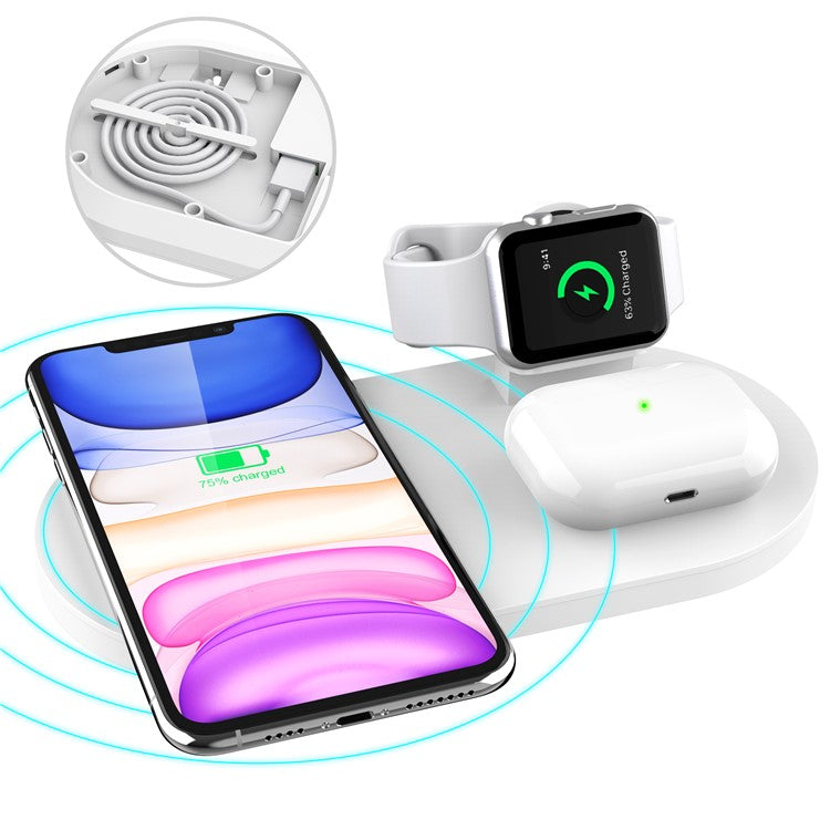 A04 3-in-1 Wireless Charger for iPhone / iWatch / AirPods Portable Fast Charging Station with Detachable Watch Stand - White