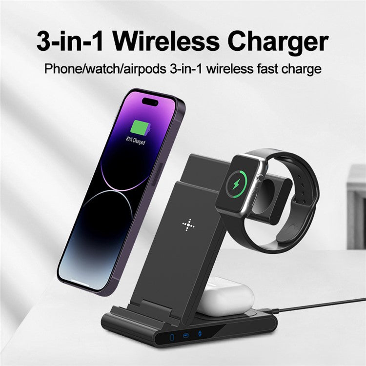 X1 3-in-1 Folding Wireless Charger for iPhone  /  iWatch  /  AirPods Portable Fast Charging Stand - Black