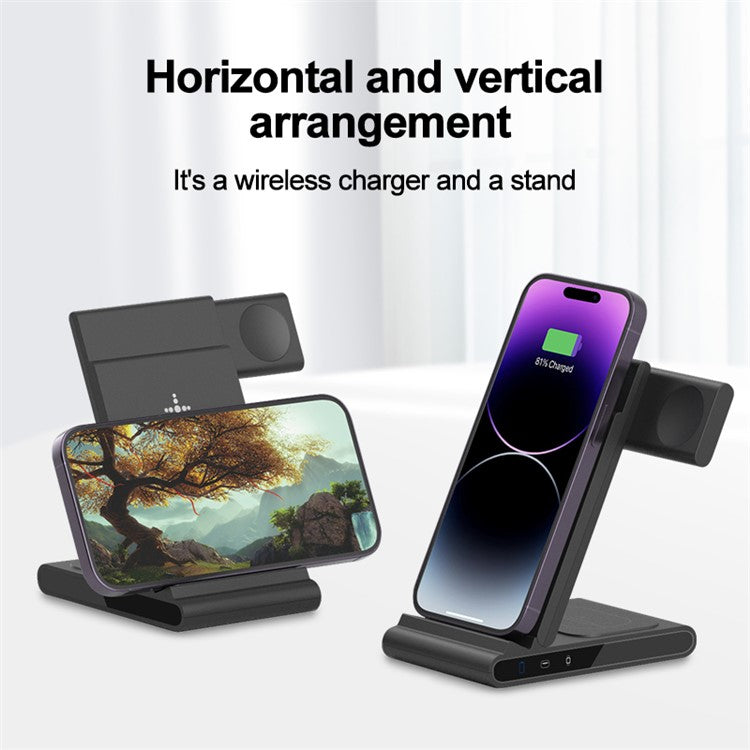 X1 3-in-1 Folding Wireless Charger for iPhone  /  iWatch  /  AirPods Portable Fast Charging Stand - Black