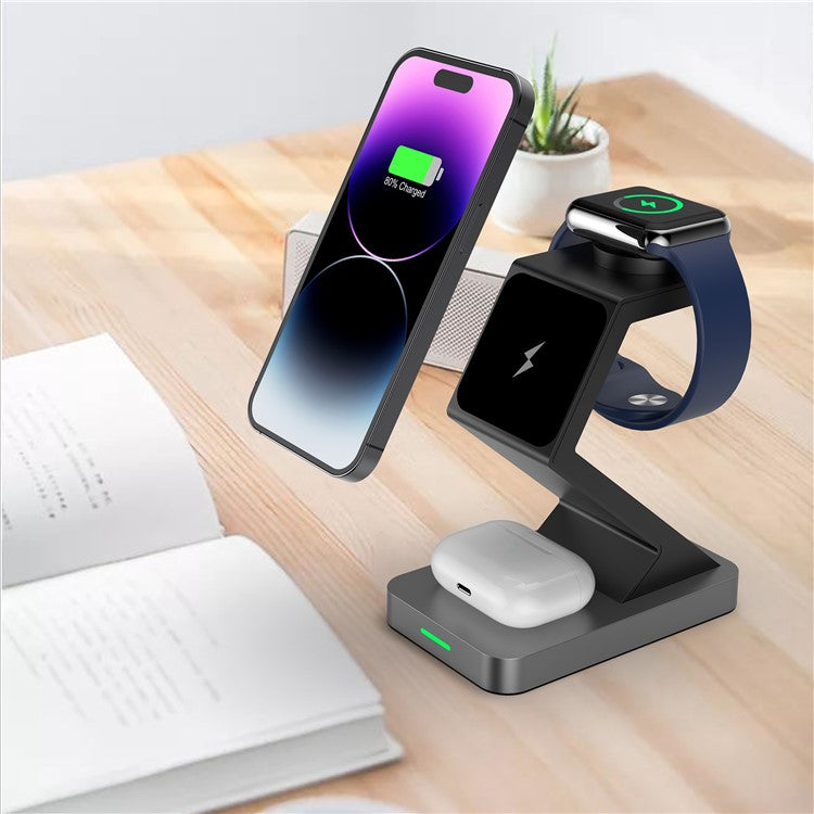 X3 15W Magnetic Wireless Charger for iPhone  /  iWatch  /  AirPods 3-in-1 Fast Charging Stand - Black