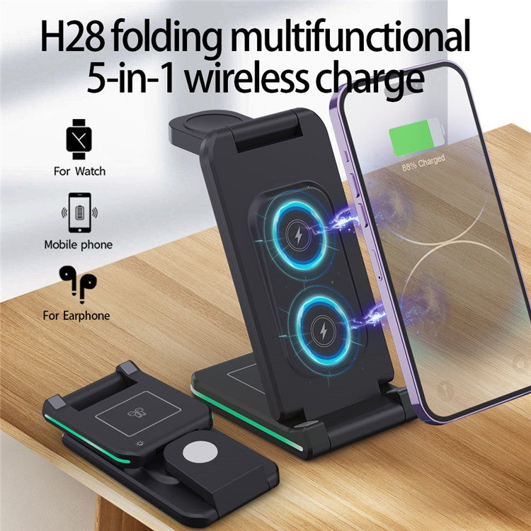 H28 Folding Multifunctional 5-in-1 15W Wireless Charger Phone Earphone Watch Charging Stand with Light Function - Black