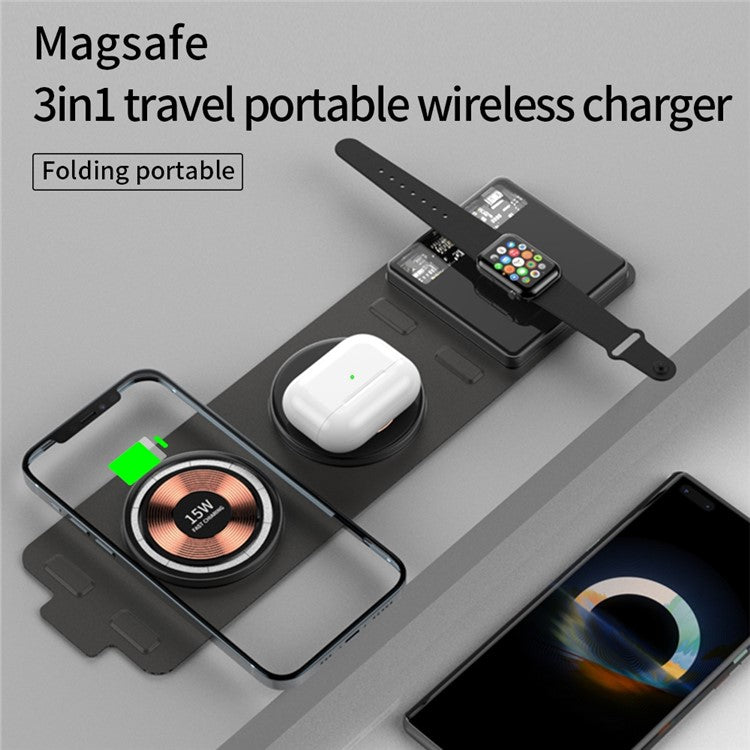 T01 3-in-1 Foldable Wireless Charger Magnetic Wireless Fast Charging Station Pad for iPhone iWatch Earphone