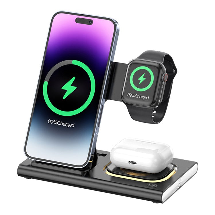 JJT-A80 3-in-1 Desktop Foldable Wireless Charger Phone Watch Earphone Charging Stand with Night Light - Black