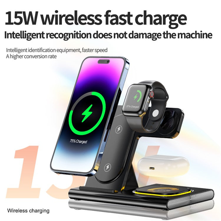 JJT-A80 3-in-1 Desktop Foldable Wireless Charger Phone Watch Earphone Charging Stand with Night Light - Black