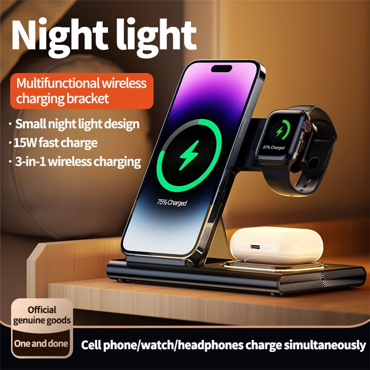 JJT-A80 3-in-1 Desktop Foldable Wireless Charger Phone Watch Earphone Charging Stand with Night Light - Black