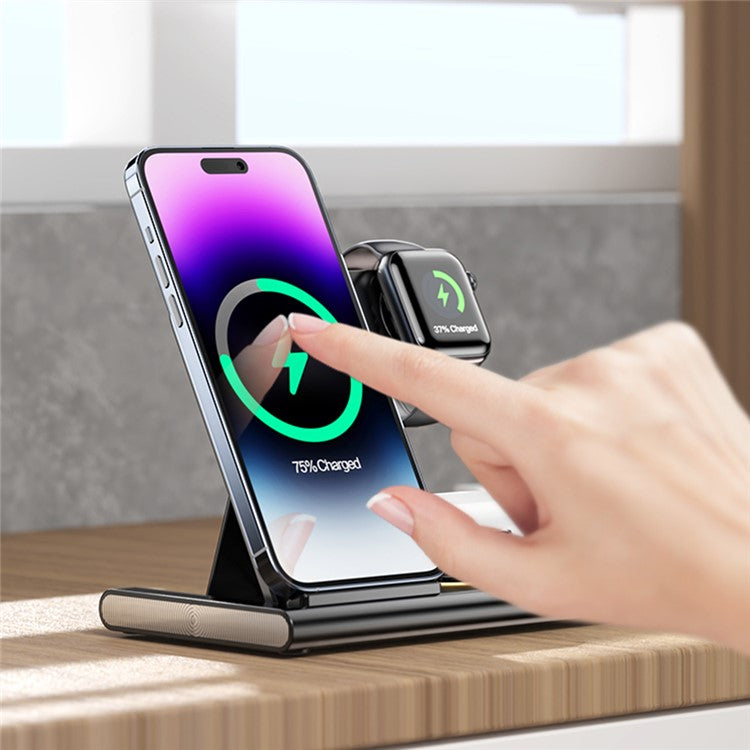 JJT-A80 3-in-1 Desktop Foldable Wireless Charger Phone Watch Earphone Charging Stand with Night Light - Black