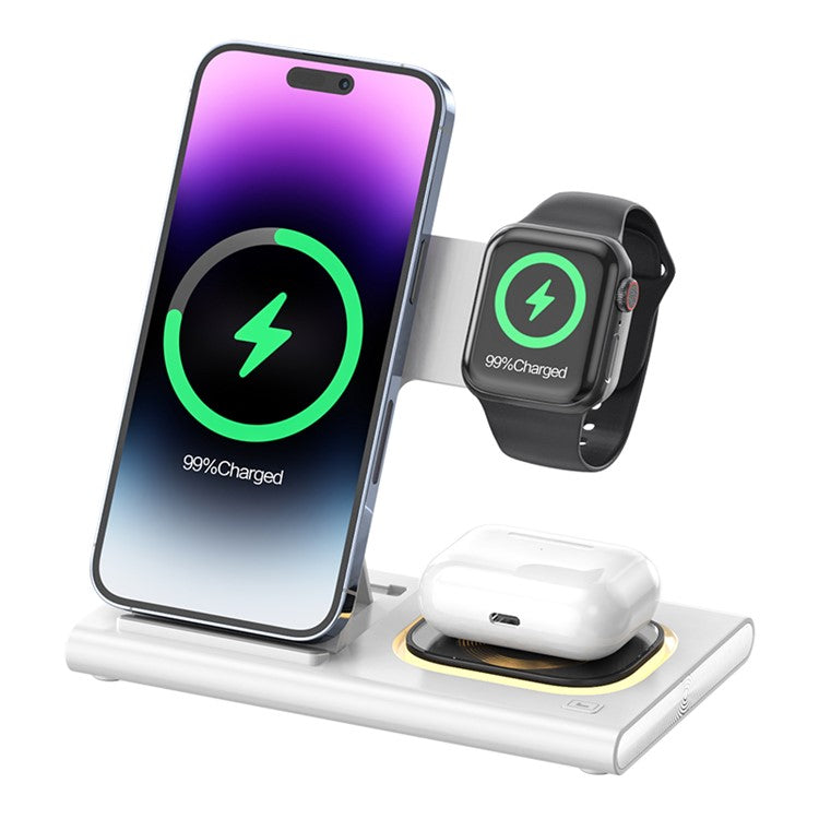 JJT-A80 3-in-1 Desktop Foldable Wireless Charger Phone Watch Earphone Charging Stand with Night Light - White