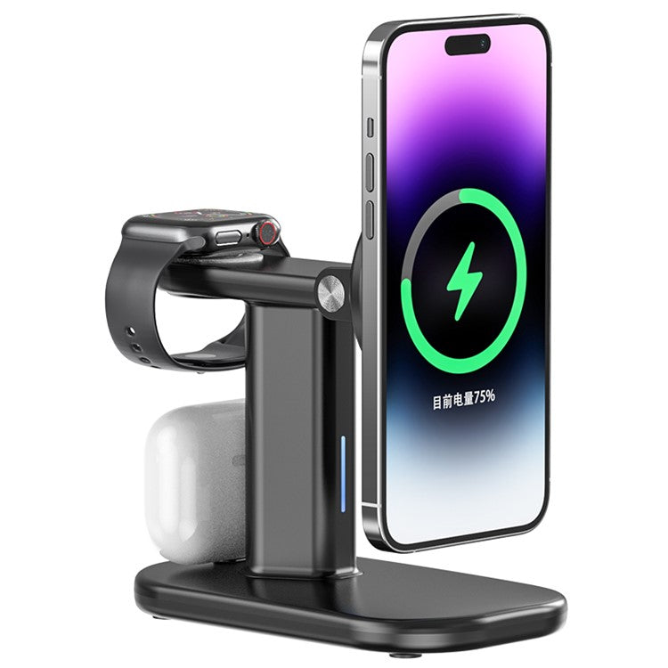 JJT-A70 3-in-1 15W Magnetic Rotatable Wireless Charger Watch Headset Phone Desktop Charging Stand - Black