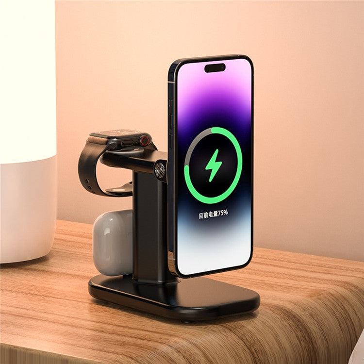 JJT-A70 3-in-1 15W Magnetic Rotatable Wireless Charger Watch Headset Phone Desktop Charging Stand - Black