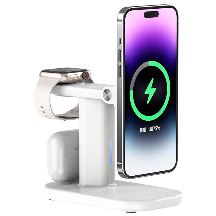 JJT-A70 3-in-1 15W Magnetic Rotatable Wireless Charger Watch Headset Phone Desktop Charging Stand - White