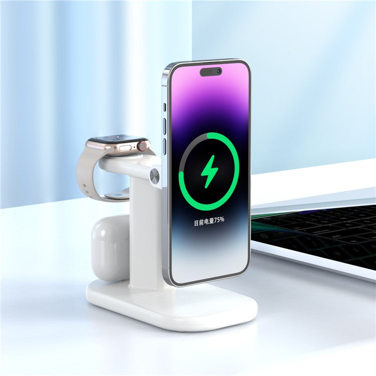 JJT-A70 3-in-1 15W Magnetic Rotatable Wireless Charger Watch Headset Phone Desktop Charging Stand - White