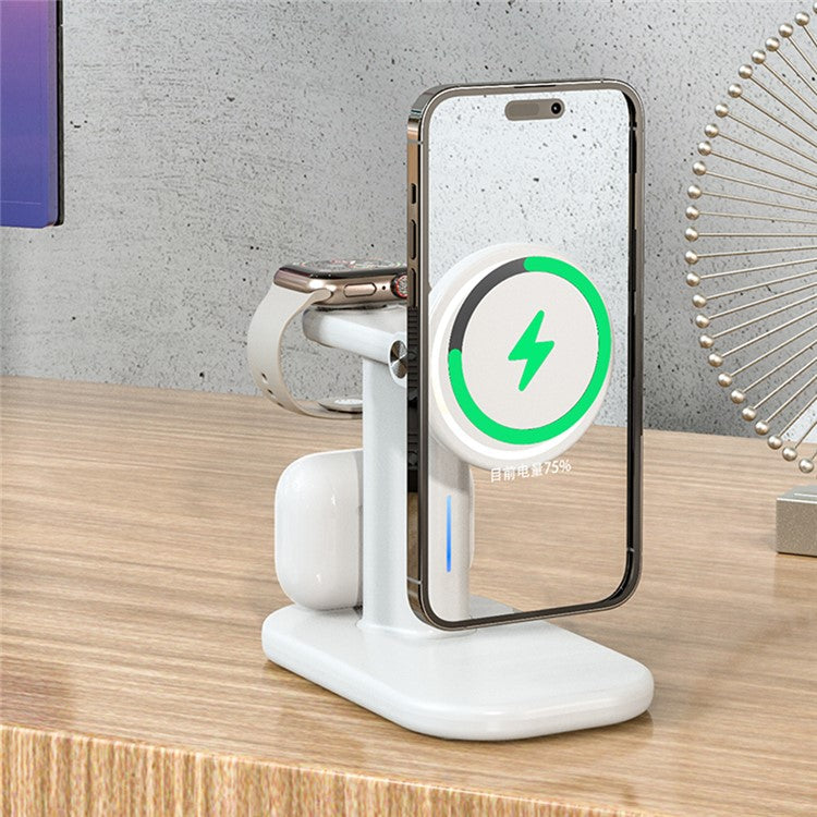 JJT-A70 3-in-1 15W Magnetic Rotatable Wireless Charger Watch Headset Phone Desktop Charging Stand - White