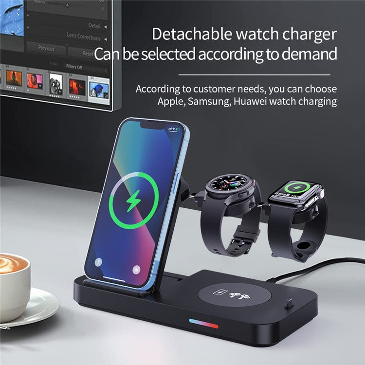 B-19 4-in-1 Magnetic Wireless Charger 15W Charging Watch Earphone Phone Desktop Charging Dock - Black