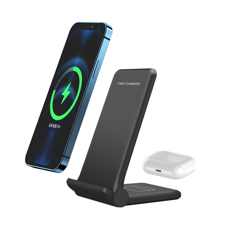 2 in 1 Wireless Charger Folding Bracket Fast Charger Station for Mobile Phone / Earphone - Black