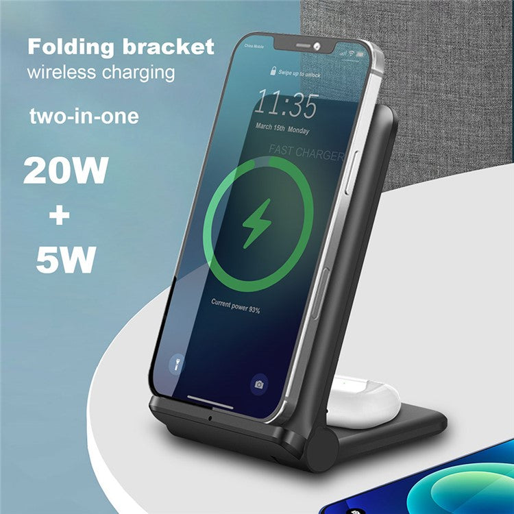 2 in 1 Wireless Charger Folding Bracket Fast Charger Station for Mobile Phone / Earphone - Black