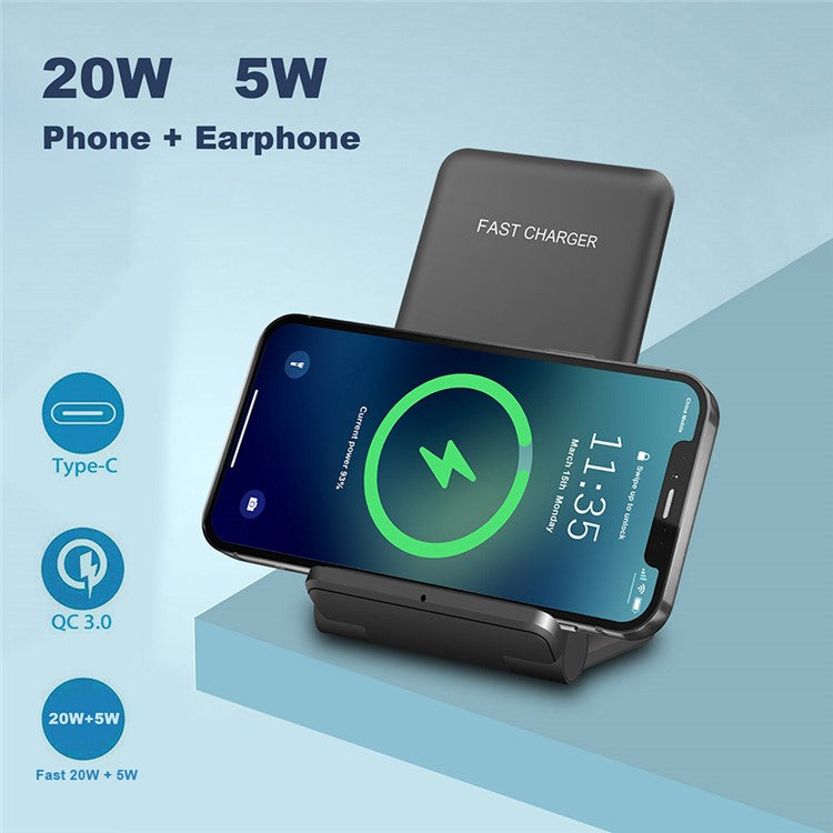 2 in 1 Wireless Charger Folding Bracket Fast Charger Station for Mobile Phone / Earphone - Black