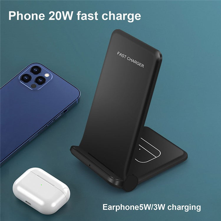 2 in 1 Wireless Charger Folding Bracket Fast Charger Station for Mobile Phone / Earphone - Black