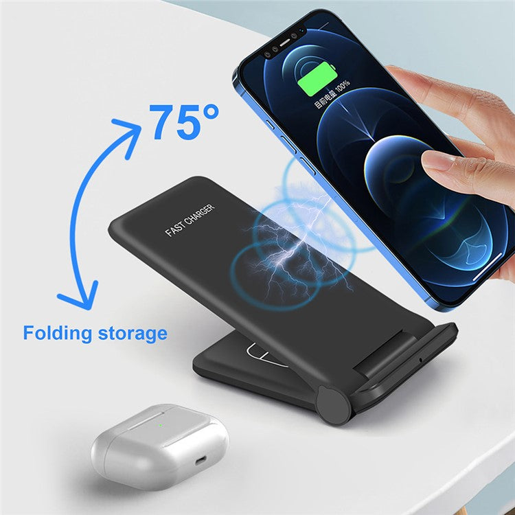 2 in 1 Wireless Charger Folding Bracket Fast Charger Station for Mobile Phone / Earphone - Black