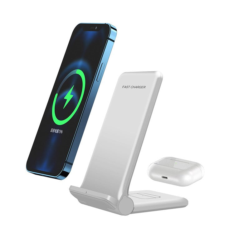 2 in 1 Wireless Charger Folding Bracket Fast Charger Station for Mobile Phone / Earphone - White