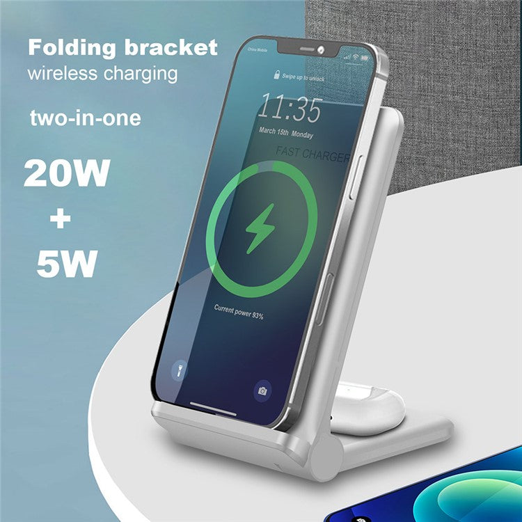 2 in 1 Wireless Charger Folding Bracket Fast Charger Station for Mobile Phone / Earphone - White