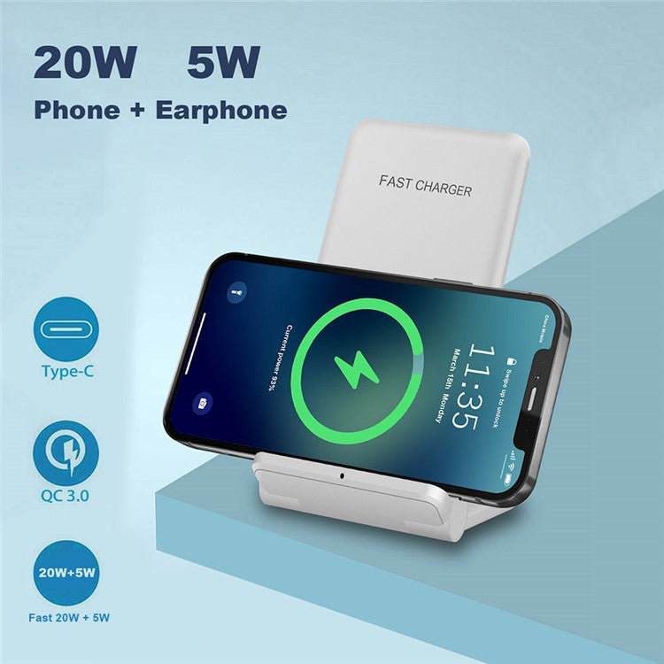 2 in 1 Wireless Charger Folding Bracket Fast Charger Station for Mobile Phone / Earphone - White