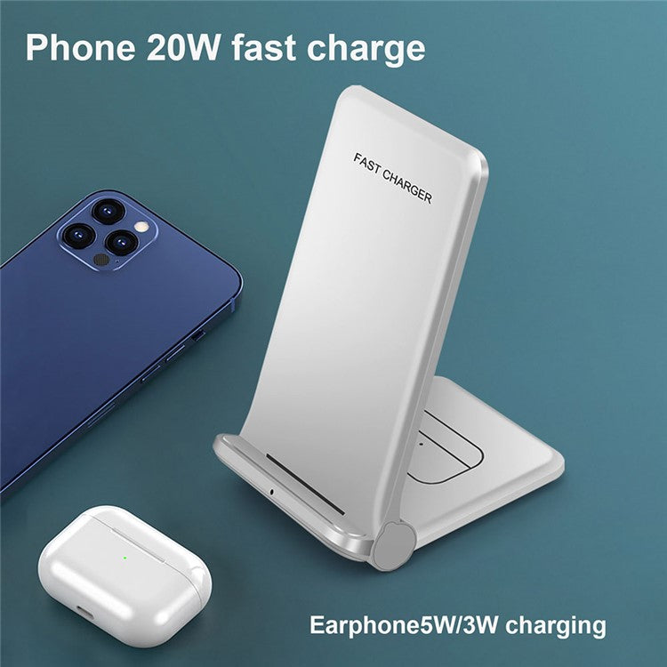 2 in 1 Wireless Charger Folding Bracket Fast Charger Station for Mobile Phone / Earphone - White