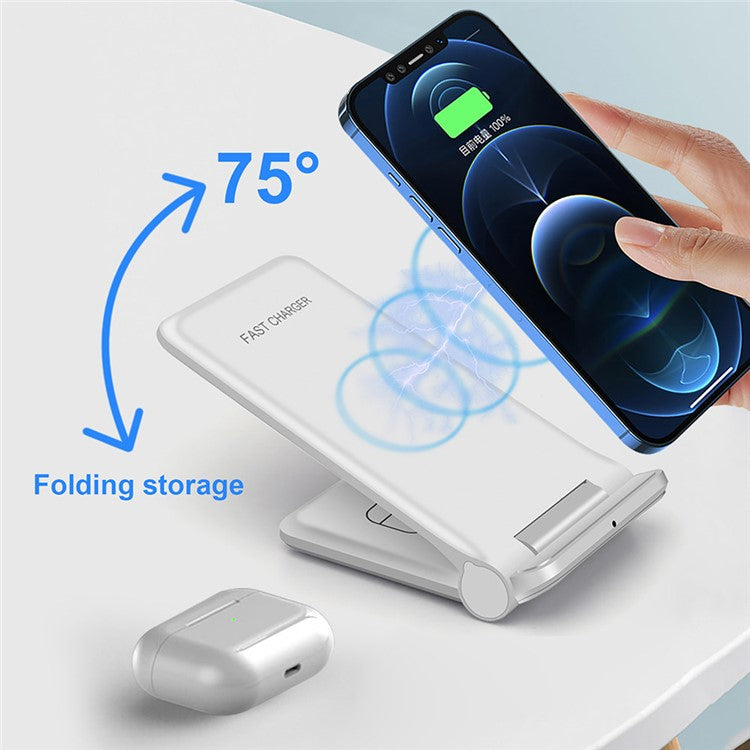 2 in 1 Wireless Charger Folding Bracket Fast Charger Station for Mobile Phone / Earphone - White