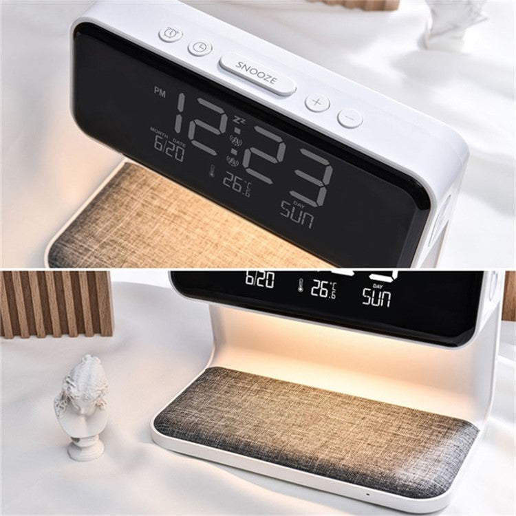 3-in-1 10W Cell Phone Wireless Charger with Bedside Lamp, LCD Alarm Clock for Home (EU Plug)