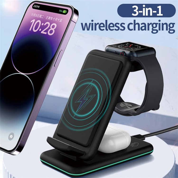 V15 3-in-1 Folding Wireless Charger for Mobile Phone / Headset / Watch 15W Max Charging Station - Black