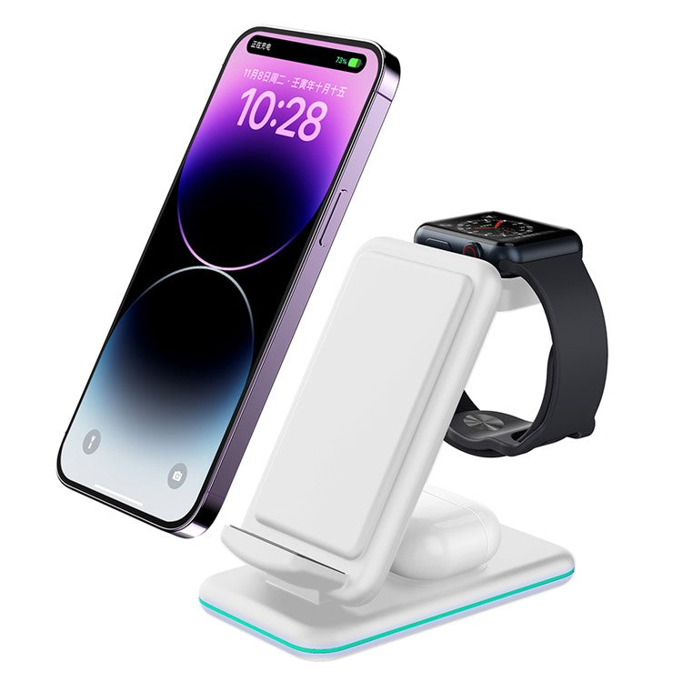 V15 3-in-1 Folding Wireless Charger for Mobile Phone / Headset / Watch 15W Max Charging Station - White