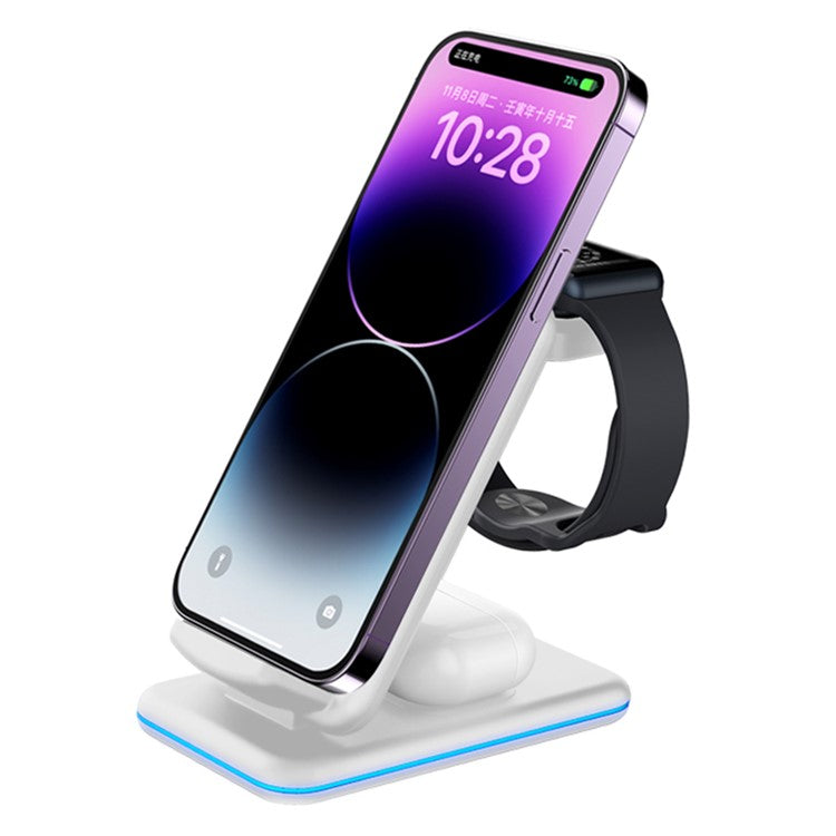 V15 3-in-1 Folding Wireless Charger for Mobile Phone / Headset / Watch 15W Max Charging Station - White