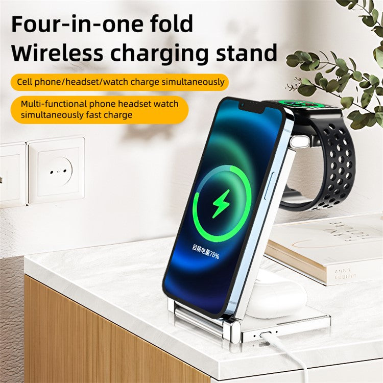 T30 Multifunctional Folding Magnetic Wireless Charger 4-in-1 Cordless Charging Stand for Cell Phone Watch Headset - Black