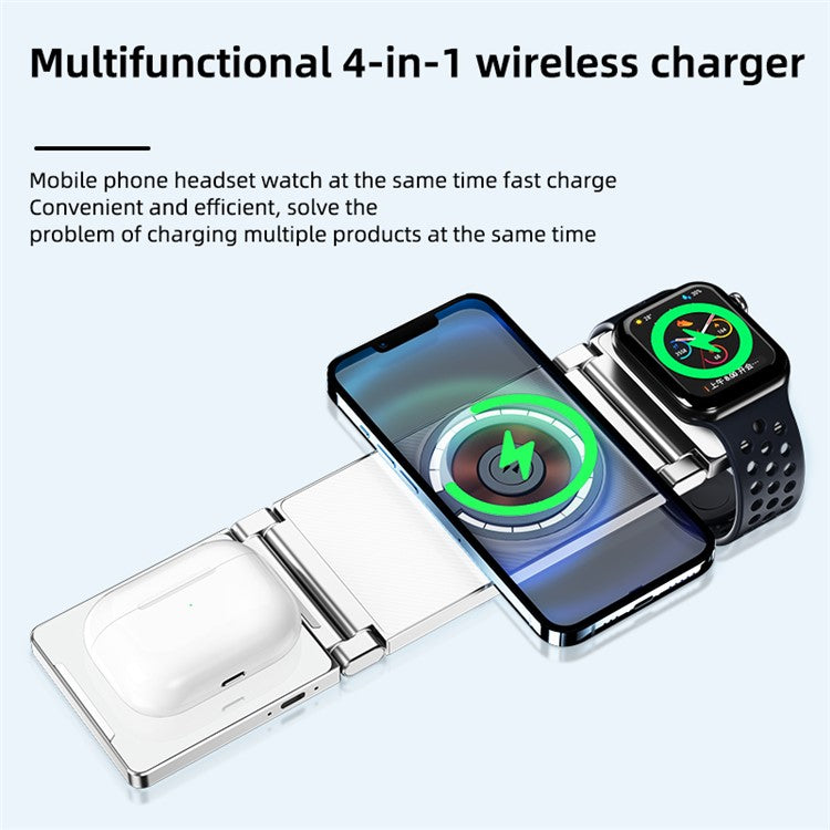 T30 Multifunctional Folding Magnetic Wireless Charger 4-in-1 Cordless Charging Stand for Cell Phone Watch Headset - Black