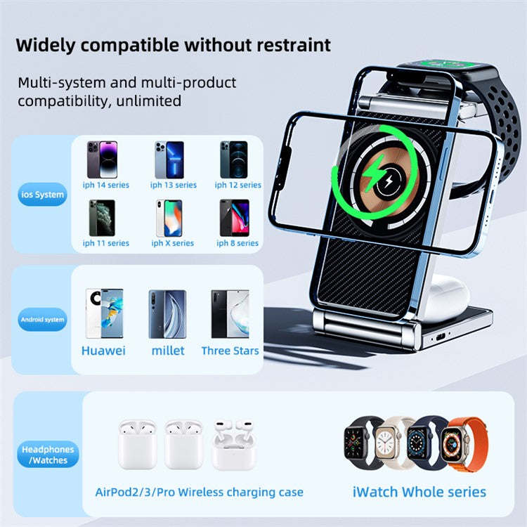 T30 Multifunctional Folding Magnetic Wireless Charger 4-in-1 Cordless Charging Stand for Cell Phone Watch Headset - Black