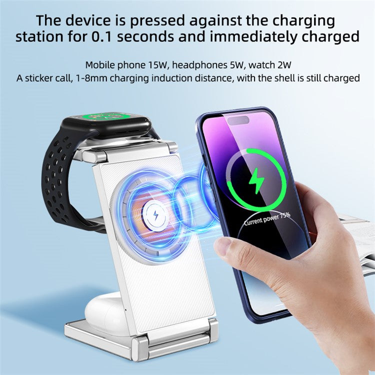 T30 Multifunctional Folding Magnetic Wireless Charger 4-in-1 Cordless Charging Stand for Cell Phone Watch Headset - Black