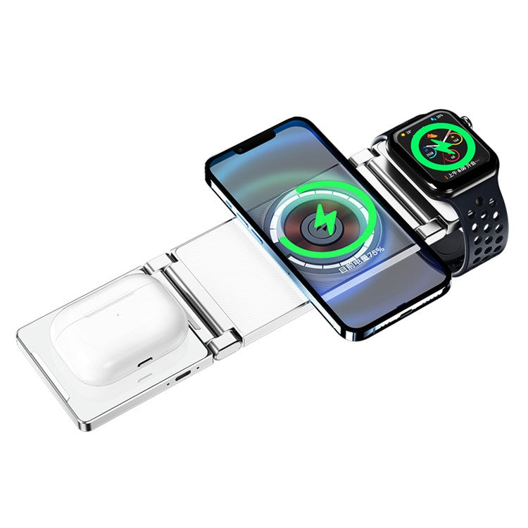 T30 Multifunctional Folding Magnetic Wireless Charger 4-in-1 Cordless Charging Stand for Cell Phone Watch Headset - White