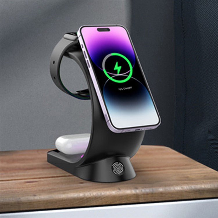 T17 3-in-1 RGB Light Magnetic Wireless Charger for iPhone 12 / 13 / 14 / 15 Series Desktop Fast Charging Stand Compatible with MagSafe - Black