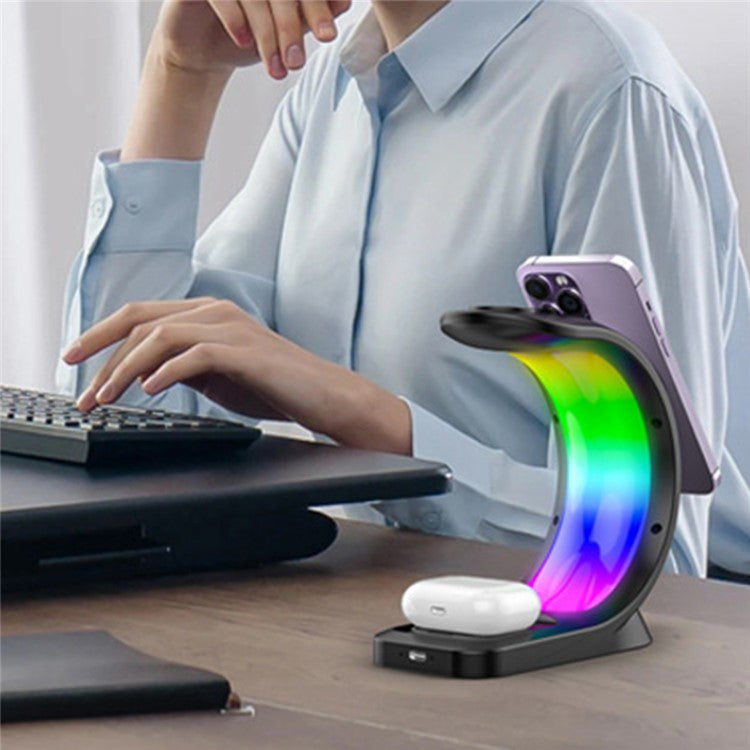 T17 3-in-1 RGB Light Magnetic Wireless Charger for iPhone 12 / 13 / 14 / 15 Series Desktop Fast Charging Stand Compatible with MagSafe - Black