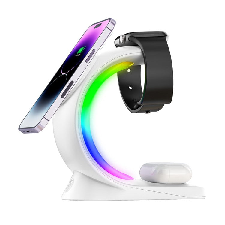 T17 3-in-1 RGB Light Magnetic Wireless Charger for iPhone 12 / 13 / 14 / 15 Series Desktop Fast Charging Stand Compatible with MagSafe - White