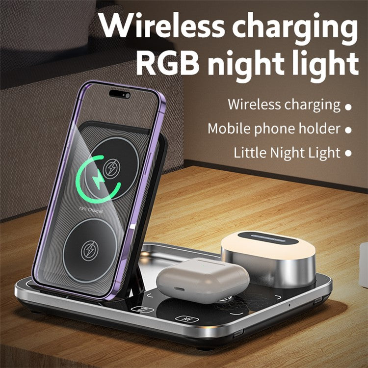 R12 3-in-1 Folding 15W Max Wireless Charger Dock for Mobile Phone / Smart Watch / Headphone with Night Light