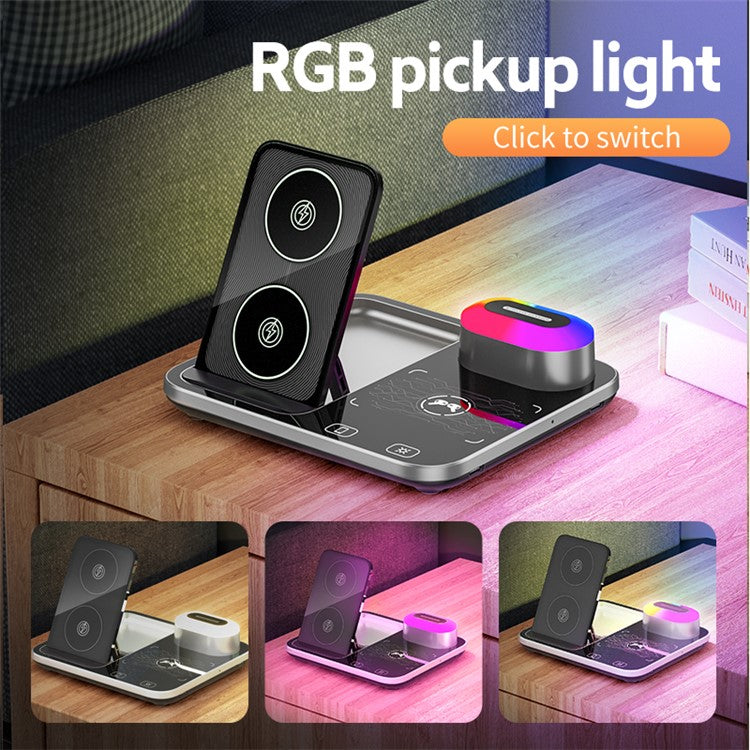 R12 3-in-1 Folding 15W Max Wireless Charger Dock for Mobile Phone / Smart Watch / Headphone with Night Light