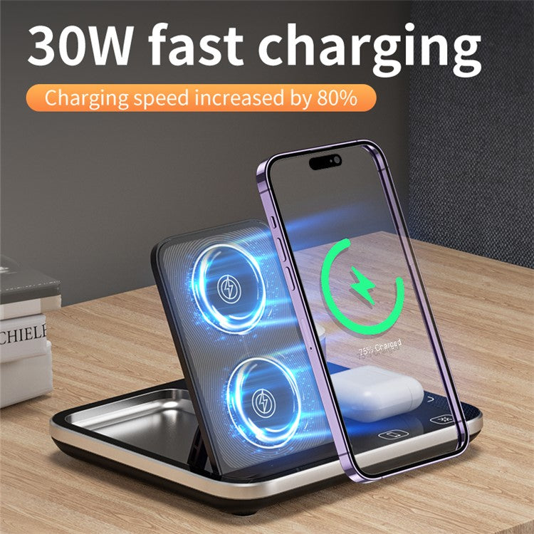 R12 3-in-1 Folding 15W Max Wireless Charger Dock for Mobile Phone / Smart Watch / Headphone with Night Light