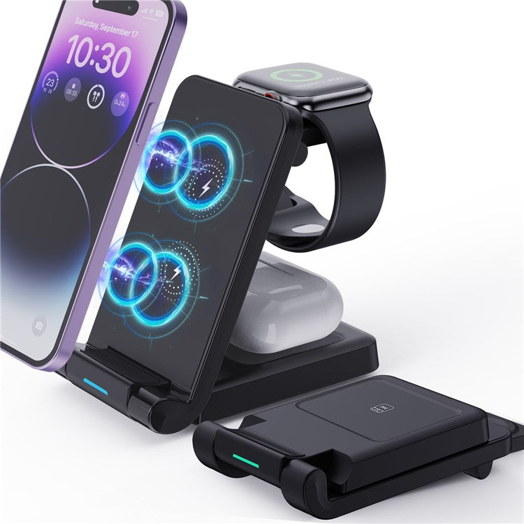 H23 Wireless Charging Station Foldable 3-in-1 Wireless Charger Stand ABS Charge Dock for iPhone 8 Above / iWatch / AirPods